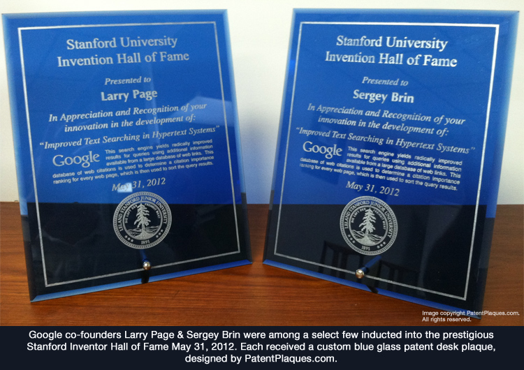 The blue glass patent plaques awarded to Inventor Hall of Fame inductees were each produced by the PatentPlaques.com production team.