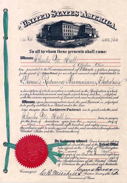 The original Patent Cover to Charles Martin Hall's Aluminum patent, issued April 3, 1889