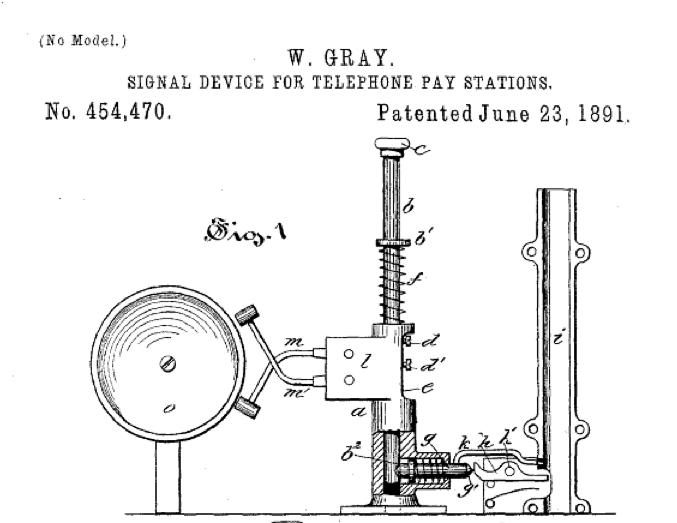 William Gray's first payphone patent, US 454470 for a pay telephone signal device.