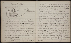 Alexander Graham Bell's handwritten notebook entry describing the event on March 10, 1876<br /> - Photo from American Treasures of the Library of Congress.